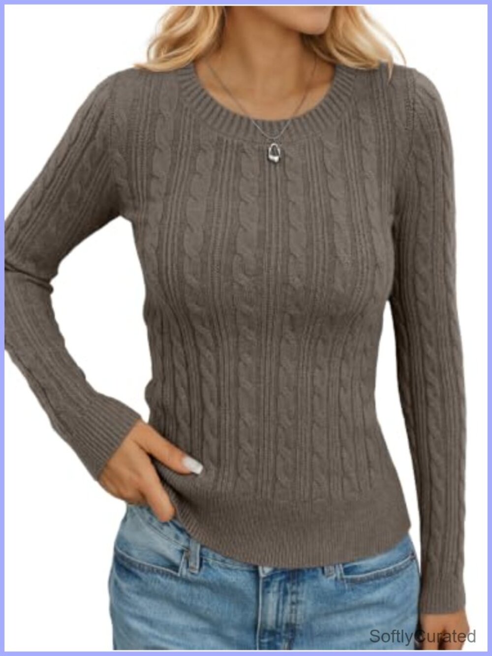 Womens Cable Knit Crew Neck Fitted Chunky Pullover Sweater